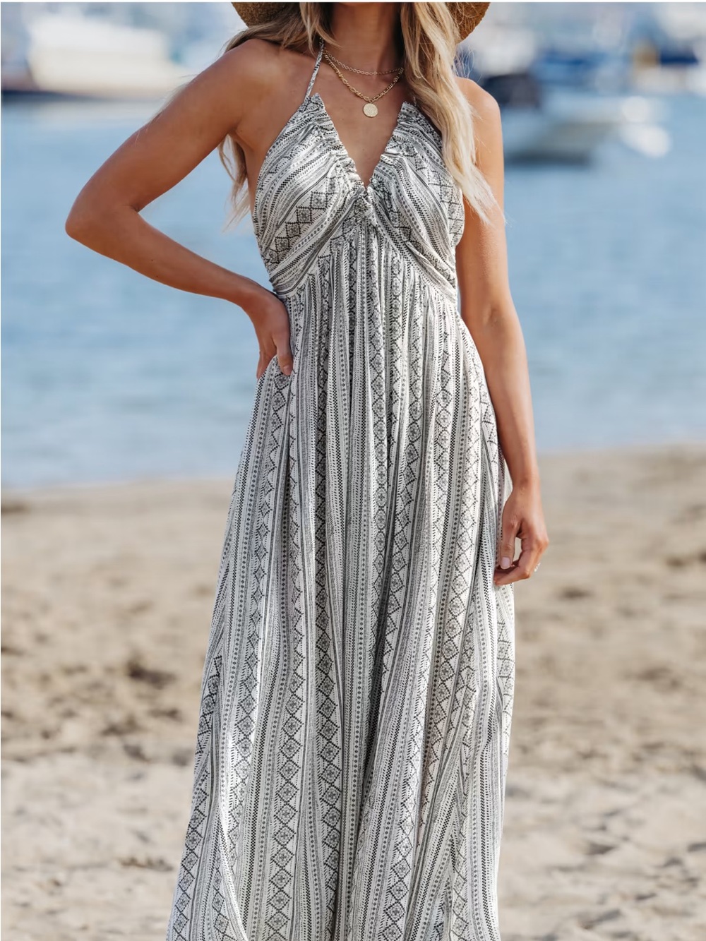 Cupshe Bohemian Black and White Halter Ruched Maxi Dress/Swim Cover Womens L
